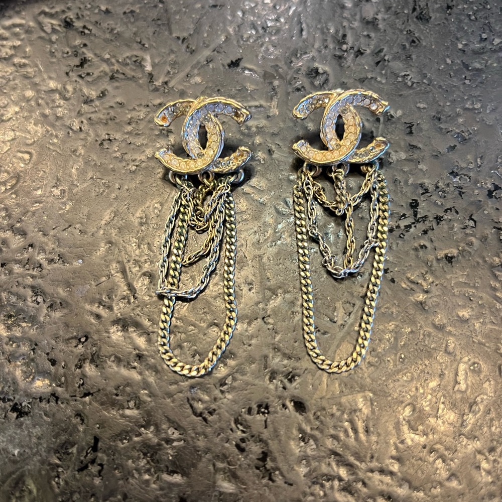 Chanel multi metal chain and crystal CC earrings